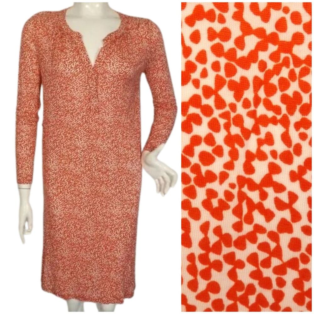 BODEN Dress, 4R, Red abstract polka dots, Long Sleeves, Split neck, Jersey